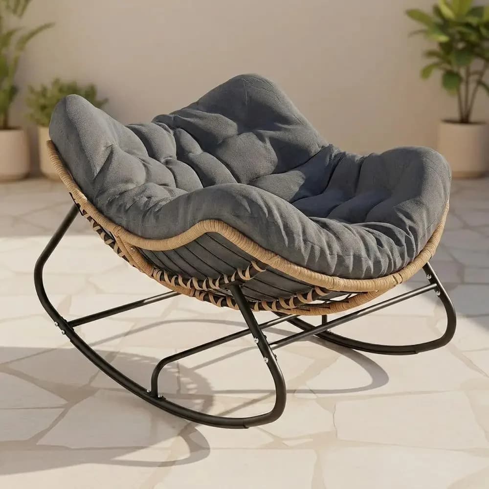 Outdoor Oversized Wicker Papasan Rocking Chair with Thick Cushion, 450 lbs Capacity, Suitable for Patio, Garden, Balcony - Gray