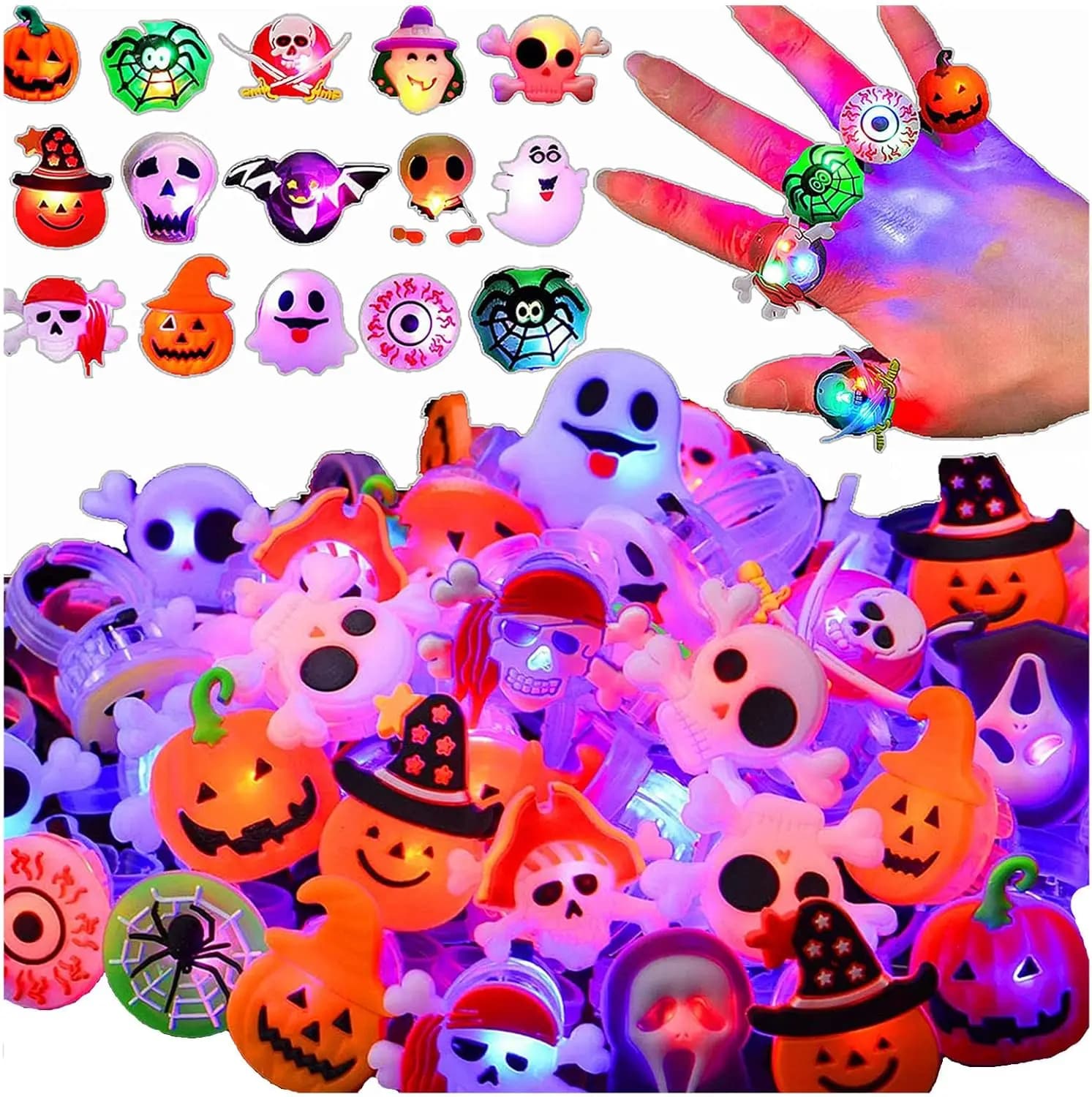 Kids Halloween Bright Rings, 50 Pieces LED Ring Toys for Halloween Kids Wedding Boxes, Awards & Fillers for Gift Bags