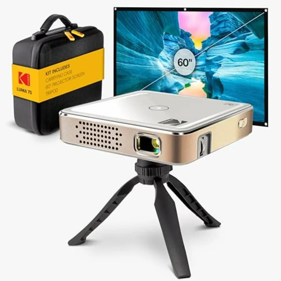 Kit Completo Luma 75 Proiettore DLP Ultra Mini Tascabile con Custodia, Treppiede, Schermo da 60 Pollici, Batteria Ricaricabile, Altoparlante Integrato, HDMI, USB