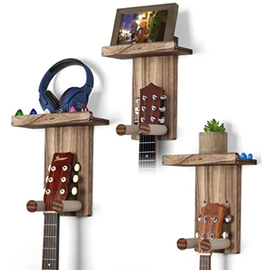 Keebofly Set di 3 Supporti da Parete per Chitarra - Supporto Rustico in Legno Marrone per Chitarra Acustica, Elettrica, Ukulele, Basso, Mandolino con Portaplettro