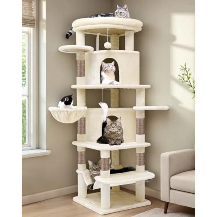 Tiragraffi Angolare per Gatti Grandi, Serie Curva Alta 168 cm, Torre per Gatti di Grandi Dimensioni per Gatti Domestici Multipli con 6 Tiragraffi e 2 Posti Relax