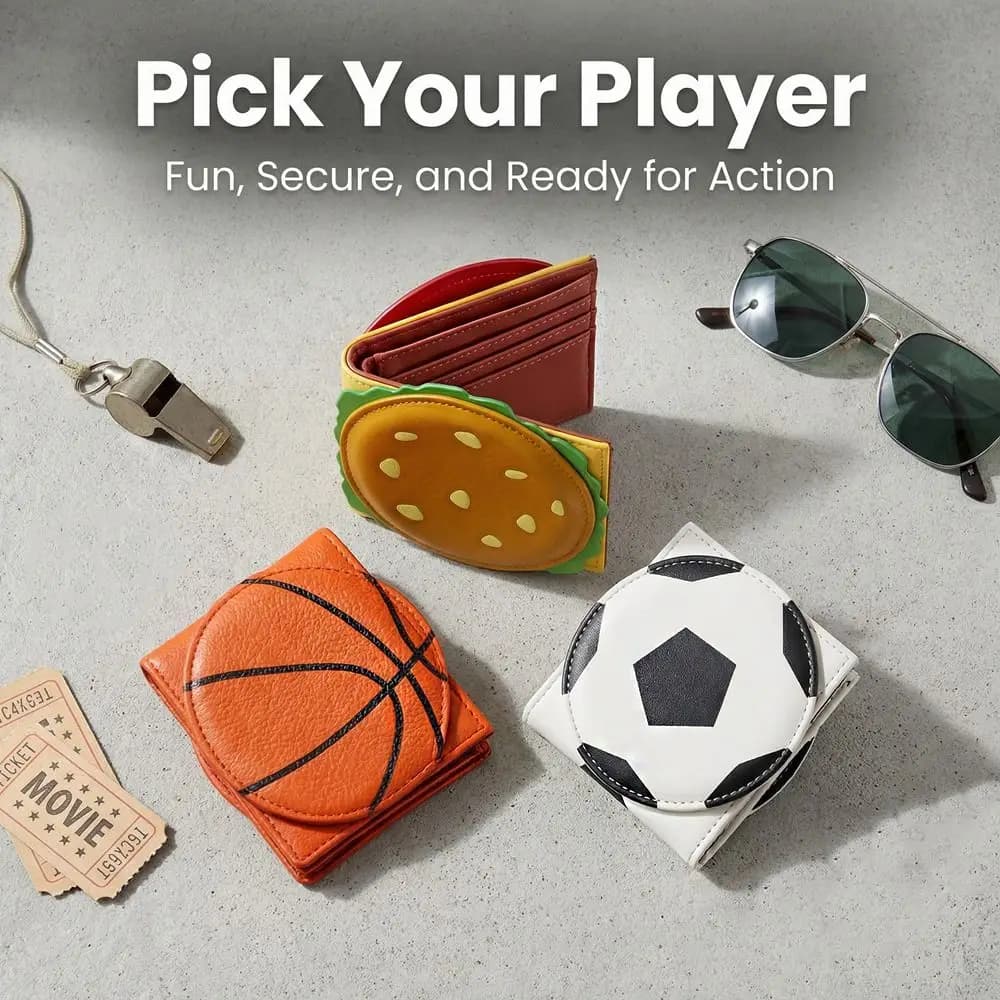 Portafoglio Carino a Forma di Pallone da Basket e Hamburger, con Blocco RFID, Fermasoldi, Pieghevole, in Pelle, Regalo