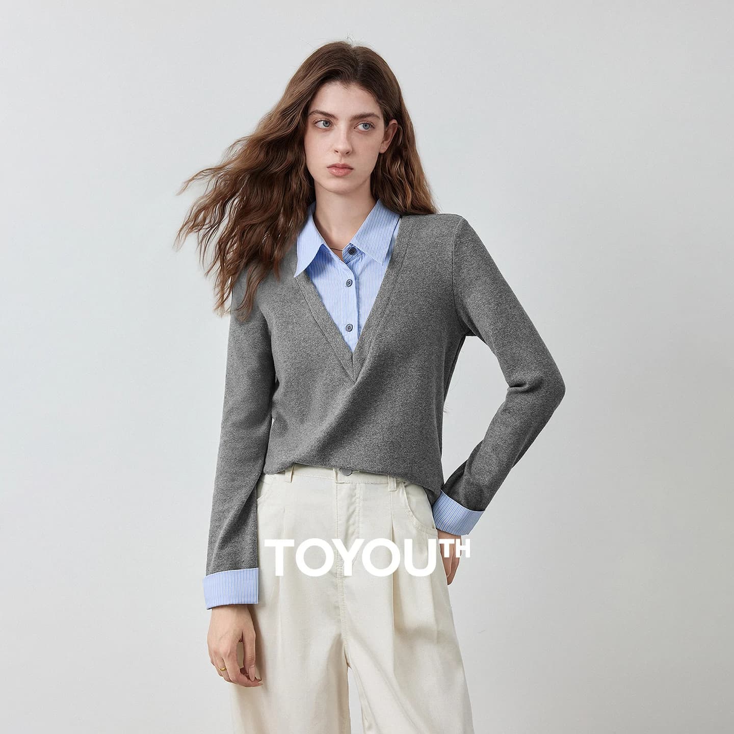 TOYOUTH Women's T-Shirt 2026 Autumn New Vintage Intellectual Patchwork Shirt Fake Two Piece Tops