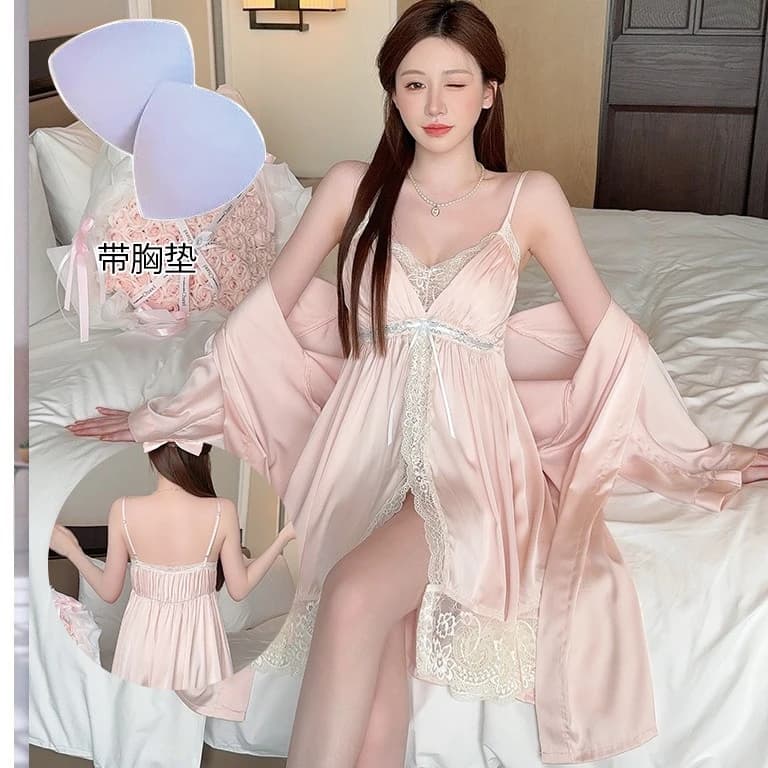 Twinset Women Robe Gown Set Lace Kimono Bathrobe Nightgown Suit Nightdress Sleepwear Spring Summer Silky Satin Loungewear