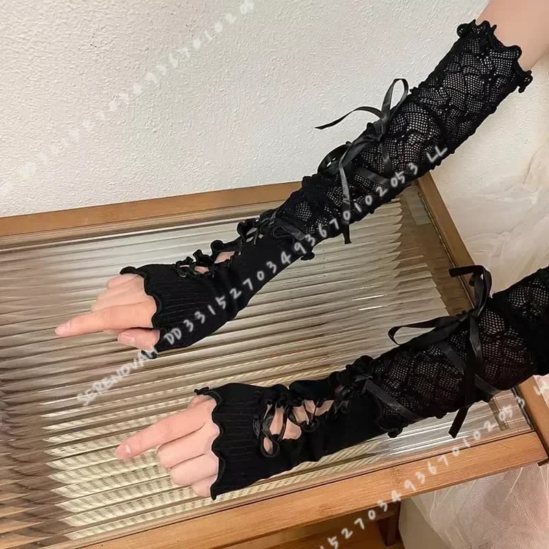 Women Gothic Lolita JK Lace Fingerless Gloves Black Punk Strapping Elastic Mesh Sunscreen Sleeves DIY Clothing Accessories