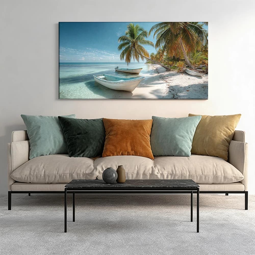 Painted on canvas with large wooden frame, 1 piece. Serena beach, palm trees, boats.