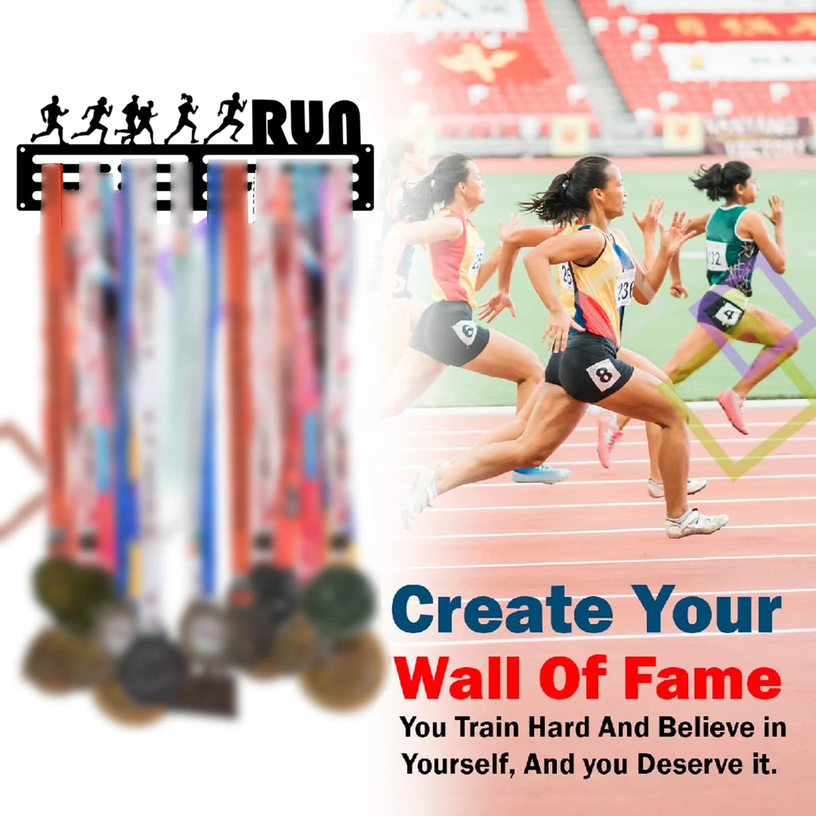 Running Medal Hanger Wall Mounted Run Sports Medals Display Rack with 3 Rows for Sport Race Runner Shelf Medal Accessory
