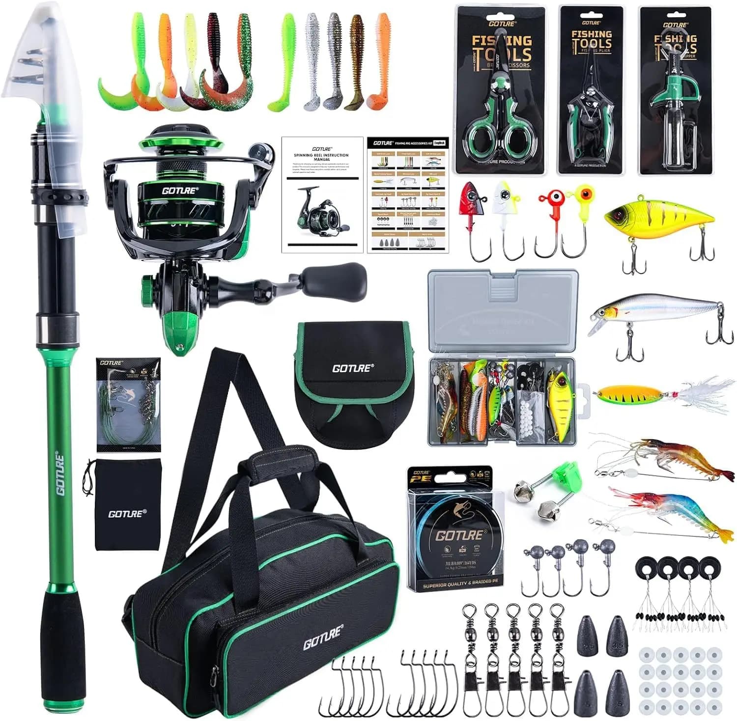 Goture Kit Fishing Cane 1.8M-2.7M Coal with Mulinello, Filo, Esche, Amo - Complete Set Bass Fishing Laptop