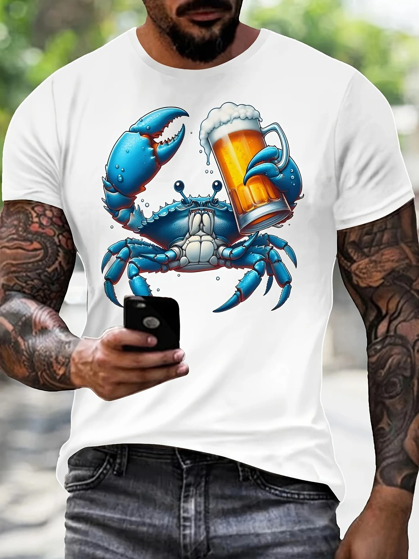 T-shirt con grafica Blue Crab Holding Beer Mug, maglietta estiva casual da uomo con collo rotondo in maglia