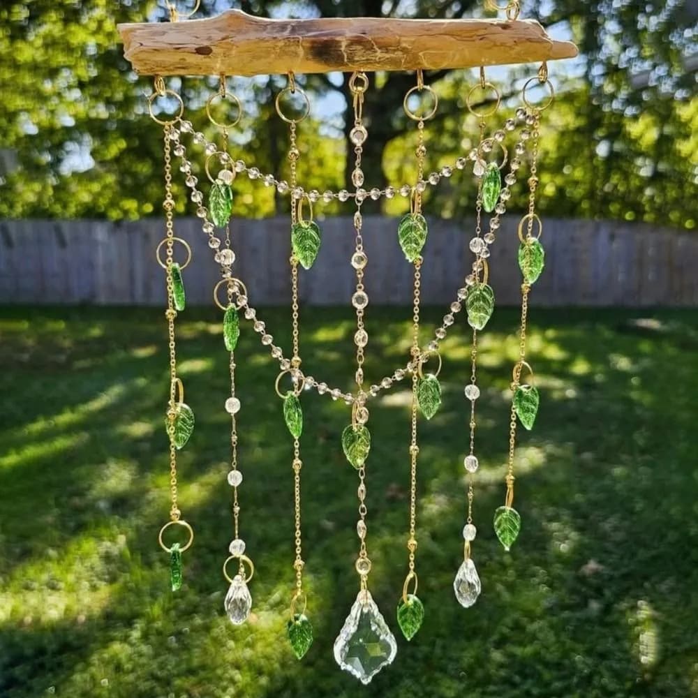 Wooden Stick Suncatcher Gorgeous Green Leaf Crystal Prism Ornament Bohemian Style Elegance Rainbow Catcher Patio Decor