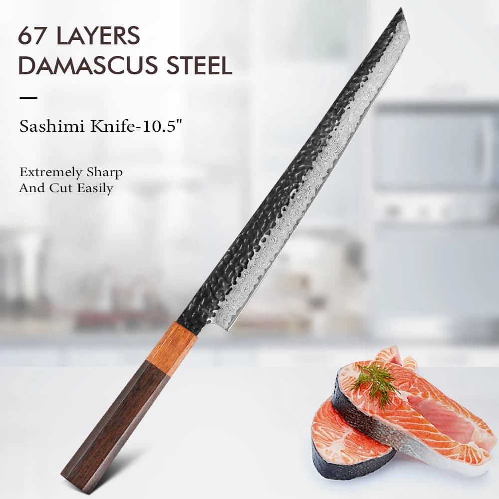 TURWHO Filetto di Pesce Coltello per Sushi Forgiato a Mano in Acciaio di Damasco Sashimi Giapponese Coltello da Cucina per Chef Coltello per Affettare Salmone Coltello per Sushi