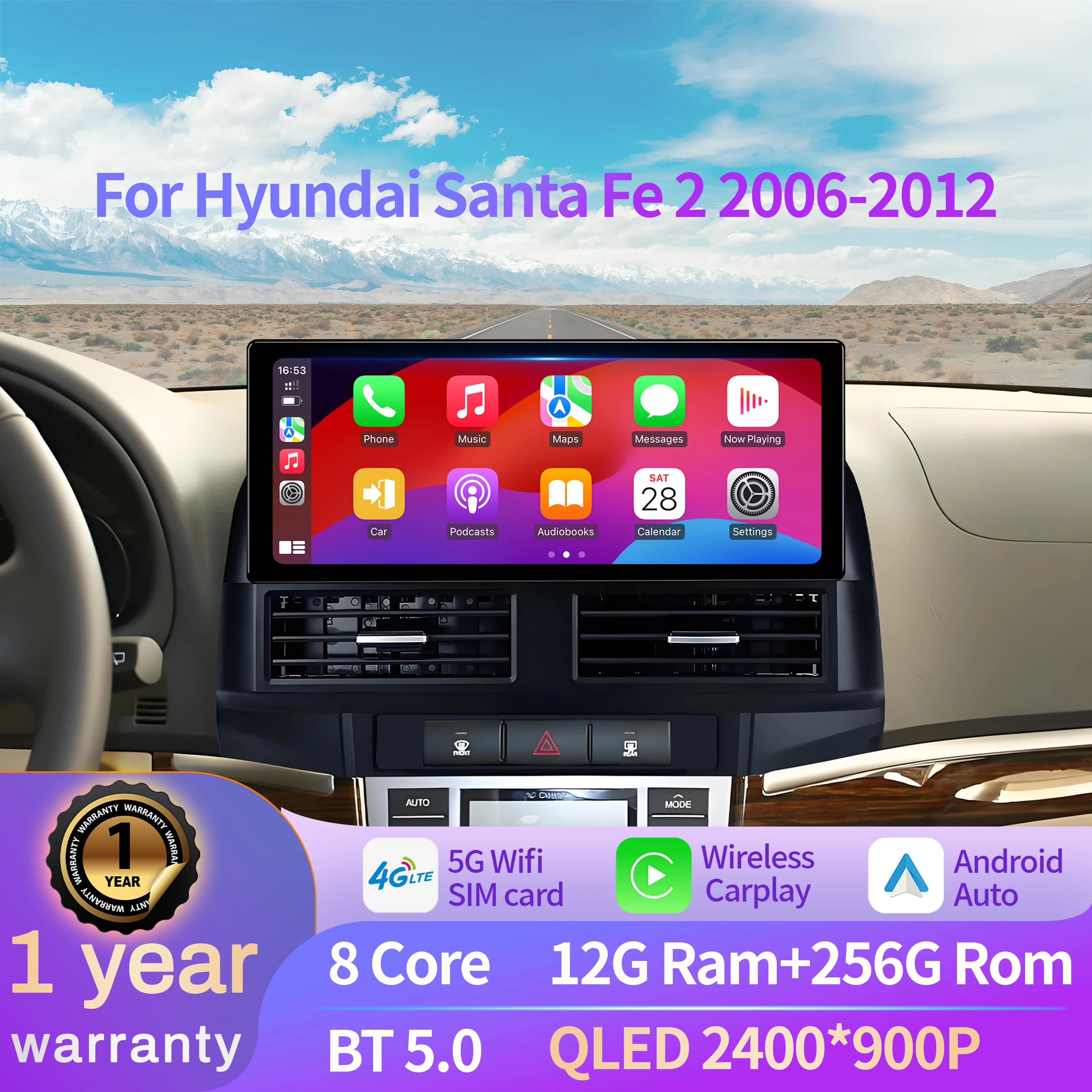 12.3 inch For Hyundai Santa Fe 2 2006-2012 4G GPS 5G WIFI Car Radio Android 14 Wireless BT Carplay Multimedia Head Unit Screen