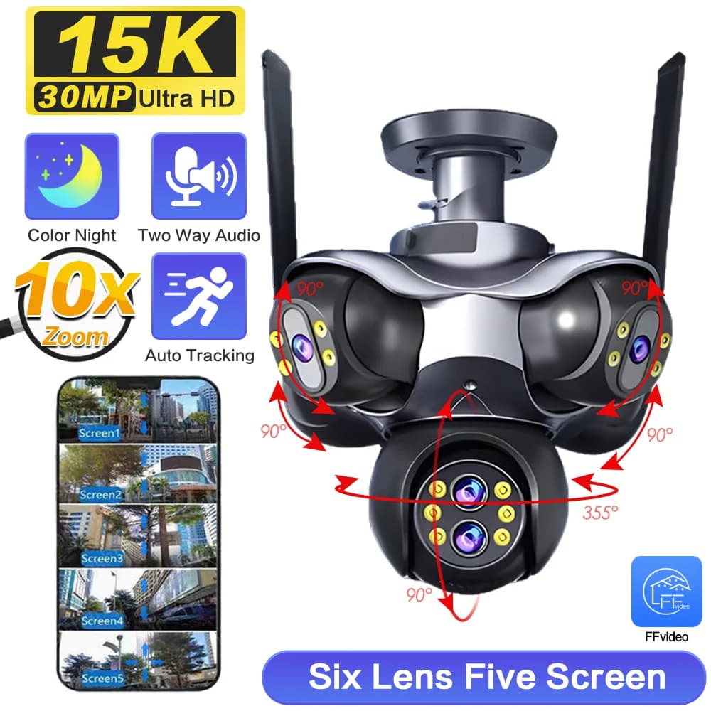 30MP 10X Zoom Wifi Telecamera di sicurezza panoramica esterna 5 lenti 5 schermi Monitoraggio automatico Telecamera di videosorveglianza CCTV PTZ wireless