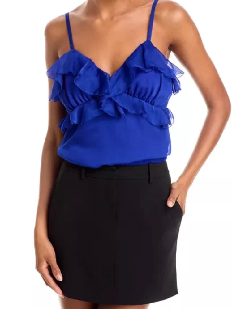 Camicetta Blu Slim Fit con Orlo a Balze e Cinturino in Vita per Donna, Top Casual con Scollo a V in Fibra di Poliestere Traspirante