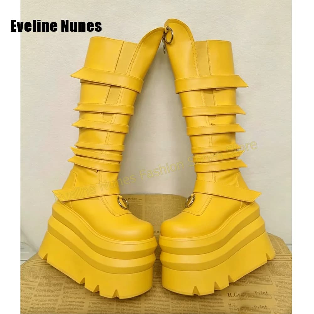 Bright Yellow Platform Knee High Boots Multi Wide Strap Metal Ring Round Toe Thick Sole Height Increase Y2K Punk Street Style