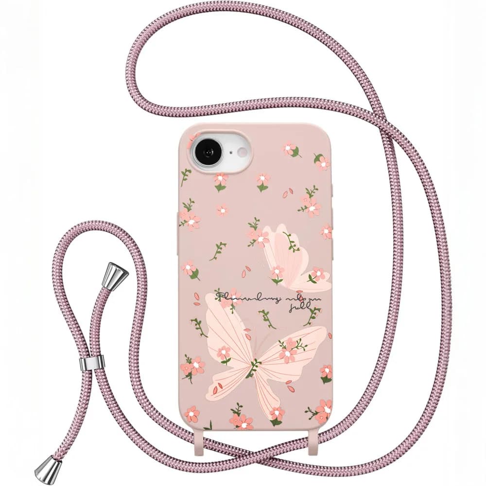 Butterfly Flowers Lanyard Case for iPhone 17 16 15 14 13 12 11 Promax XR 16E 17Air Shockproof Casing