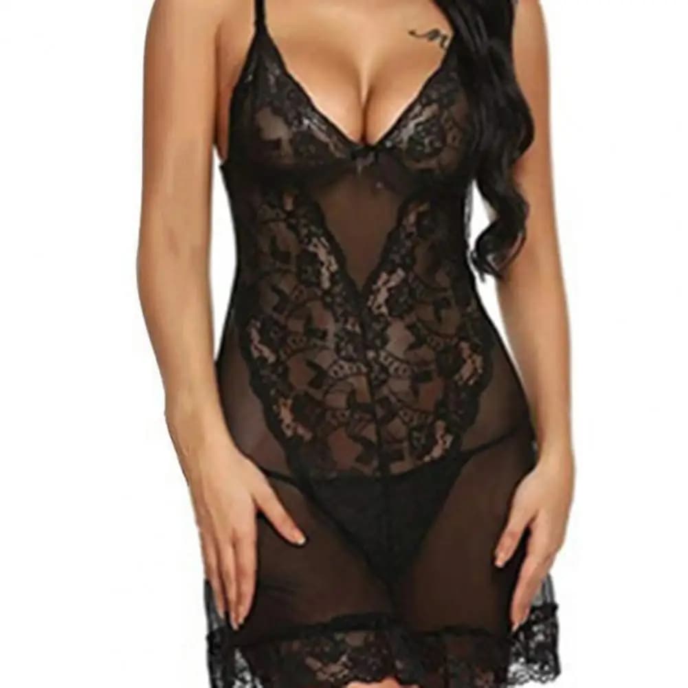 Women Nightdress Lady Girls Spaghetti Strap Perspective Lace Solid Sleeveless Sexy Backless V Neck Women Nightie Exotic Sets