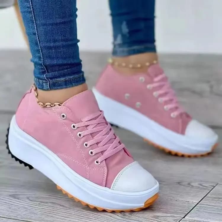 Women's Sneakers Round Toe Platform Lace Up Canvas Casual Footwear Textured Midsole Daily Walking Sporty Fashion Shoes