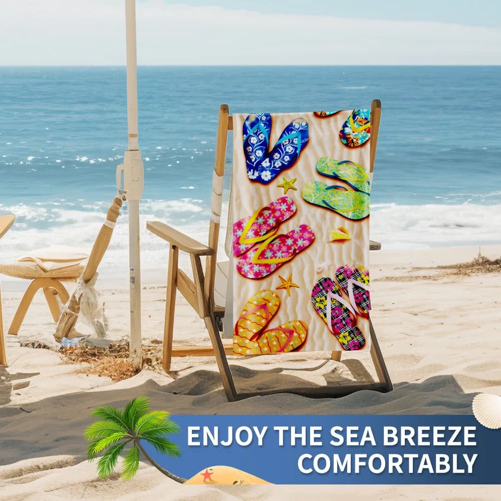 Telo Mare in Microfibra con Stampa Infradito e Stelle Marine, Asciugatura Rapida, Assorbente, Leggero, per Spiaggia, Piscina, Vacanze, Viaggi