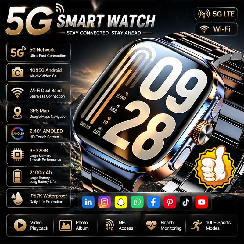 5G/4G Full Network Smart Watch AMOLED Screen Video Call 3+32GBGB RAM 2100mAh Google Play NFC WIFI GPS Recording Men Smartwatch