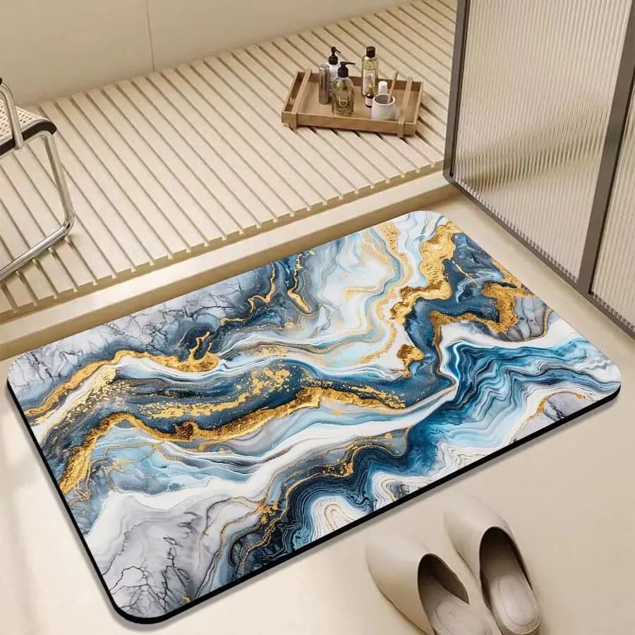 Azure Gold Fluid Doormat Dynamic Wave Pattern Non-Slip for Contemporary Entry Decor