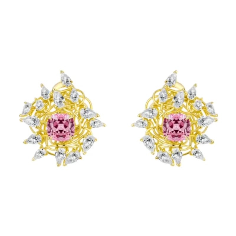 BELLUX 925 Sterling Silver Earrings plated gold with precious stones of synthetic zircons Button Earrings with elegant floral design for women