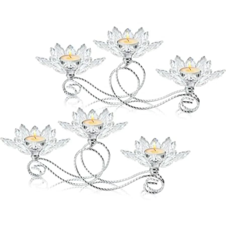 Set di 2 Portacandele in Metallo con Cristalli, a Forma di Fiore, per Centrotavola Matrimonio