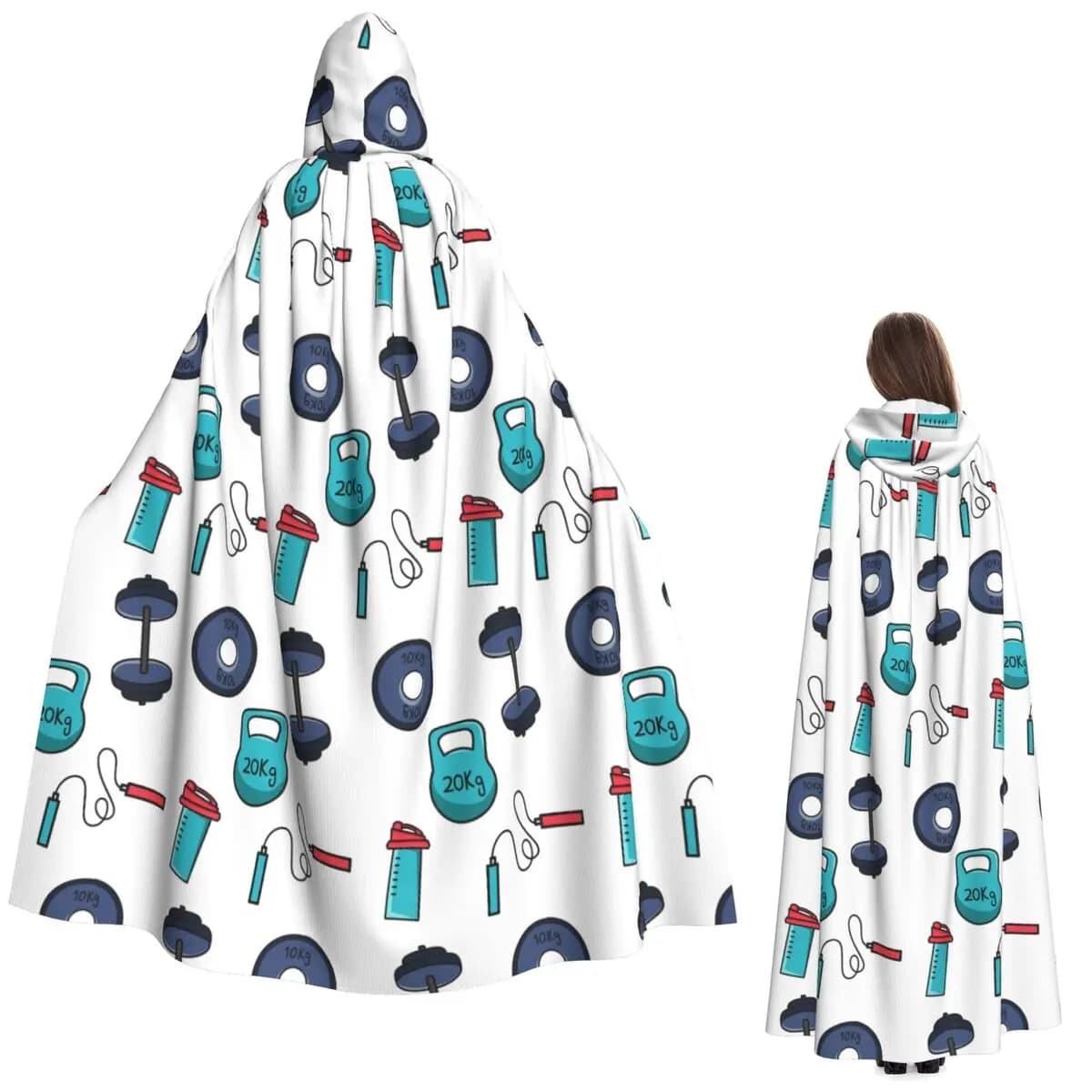 Gym Accessories: Shaker, Kettlebell, Manubri, Corda, Long Mantle with Hood, Medieval Witch Costume, Cosplay Mantle, Halloween Festival