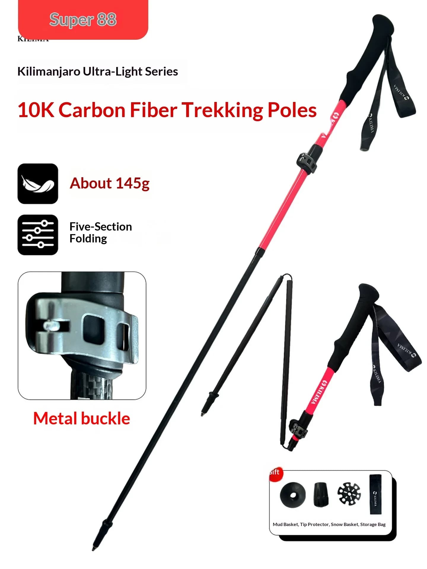10K Folding Hiking Stick with Metal Lock for Outdoor Camping Climbing Carbon Fiber Trekking Pole 145g Ultra Light 5-Section