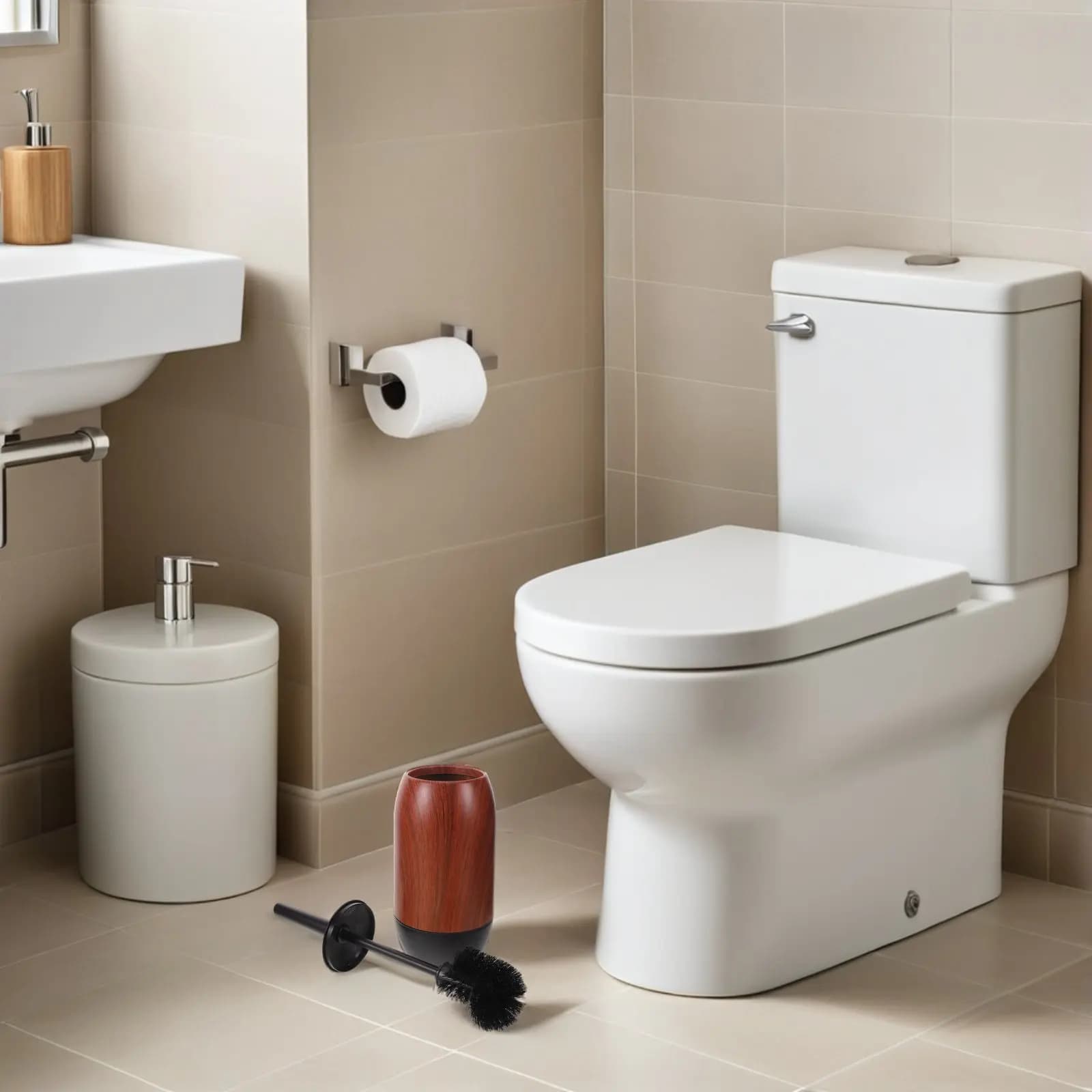 Spazzola per WC con manico e supporto coperto, in legno, per pulizia profonda del WC, spazzola per bagno