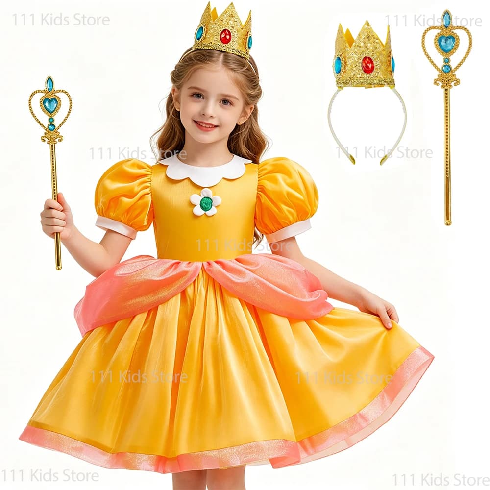 Vestito Estivo da Principessa per Bambine, Nuovo Costume Cosplay Superbro del Film, Costume da Principessa Daisy con Accessori, Regalo di Compleanno per Bambini