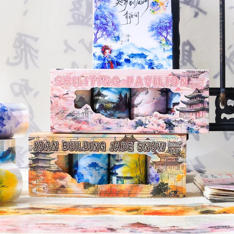 Traditional Chinese Rainy Scenery Tape Set Two Designs Washi Tape Scrapbook Collage Ancient Charm Decoration Supplies Kit