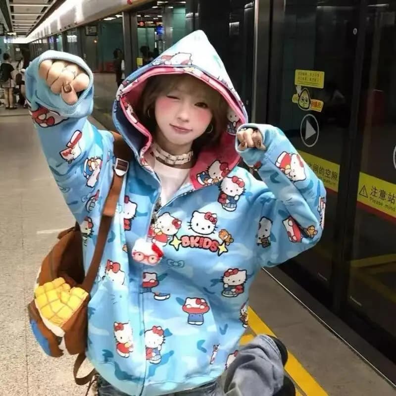 Felpa con cappuccio con cerniera Cartoon Hello Kittys Autunno/inverno Kawaii Anime Y2K Coppia Cardigan Giacca mimetica Felpa allentata Panno