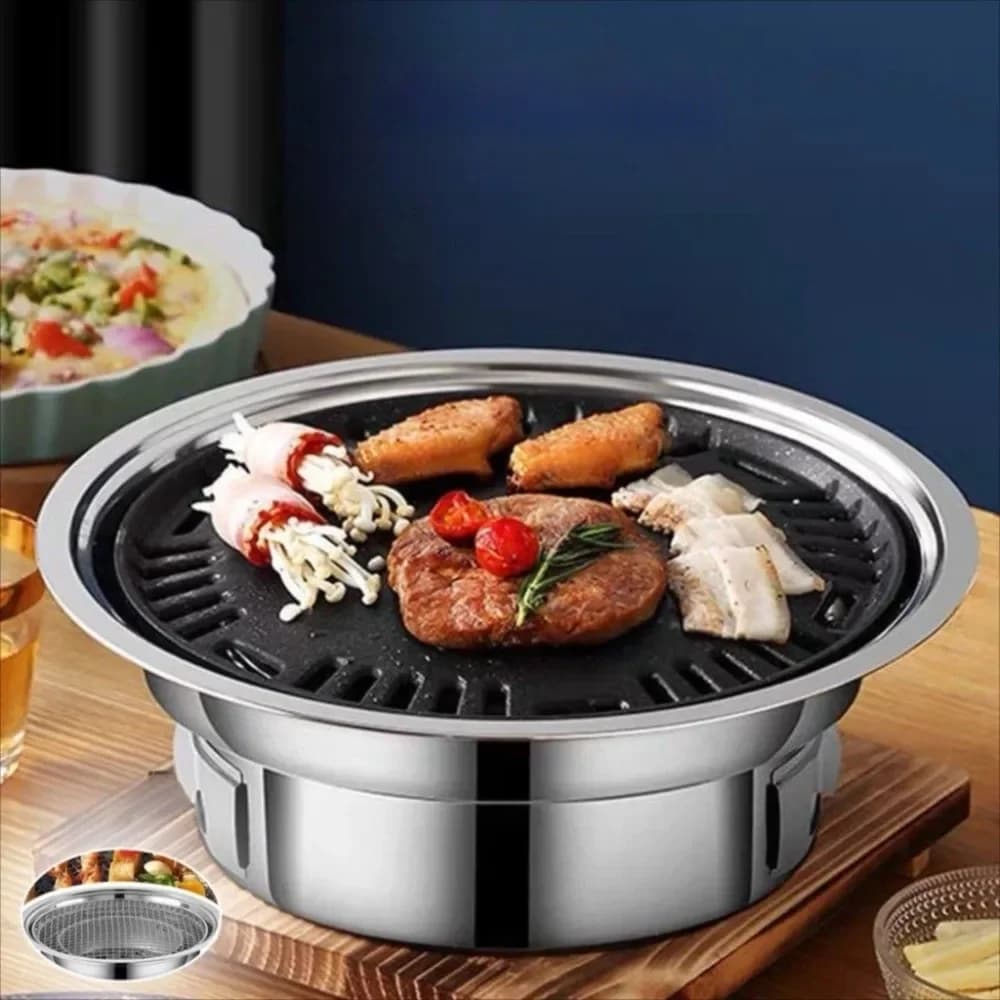 Smokeless Charcoal Barbecue Oven 2 in1 Non Stick Korean BBQ Grill Oven Baking Pan Stainless Steel BBQ Oven Pot Outdoor Cooking
