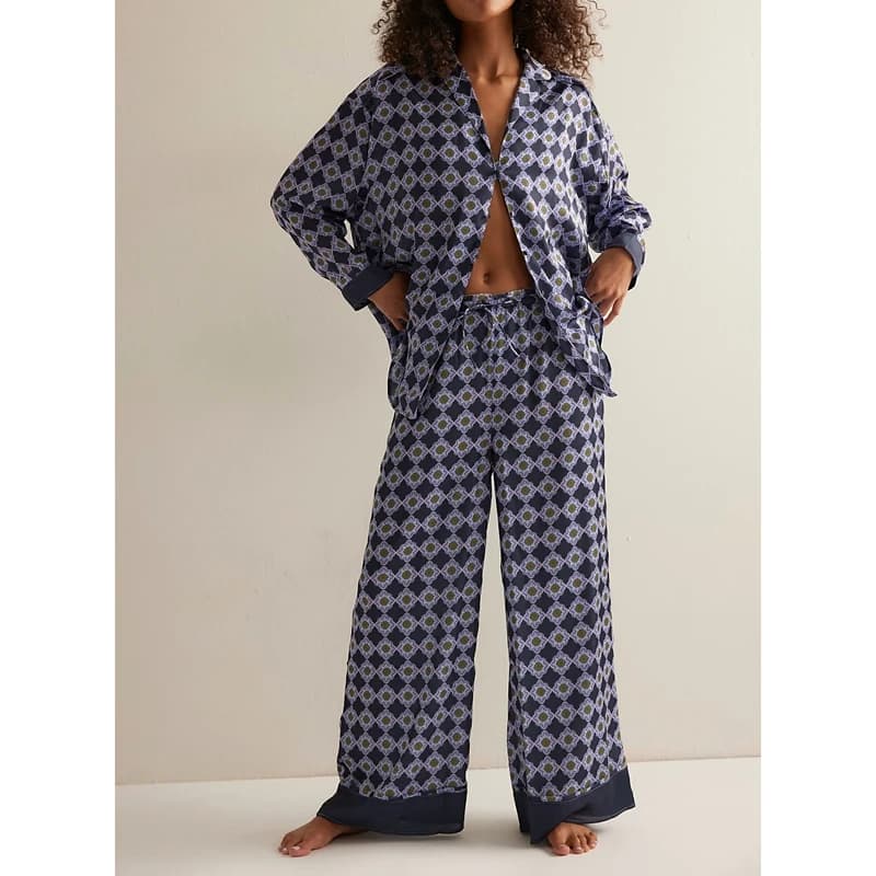 Women Satin Silk Pajamas Set Y2k Floral Print Pajamas 2Piece Sleep Loungewear Button Down Shirts + Wide Leg Pants Pjs