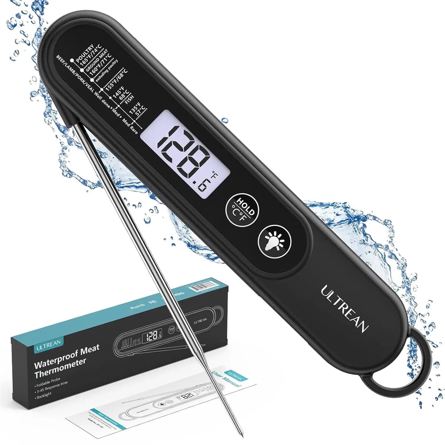 Digital Thermometer for Ultra-Veloce Meat with Retro Illumination, Waterproof for BBQ, Grill, Oven and Sweet Preparation