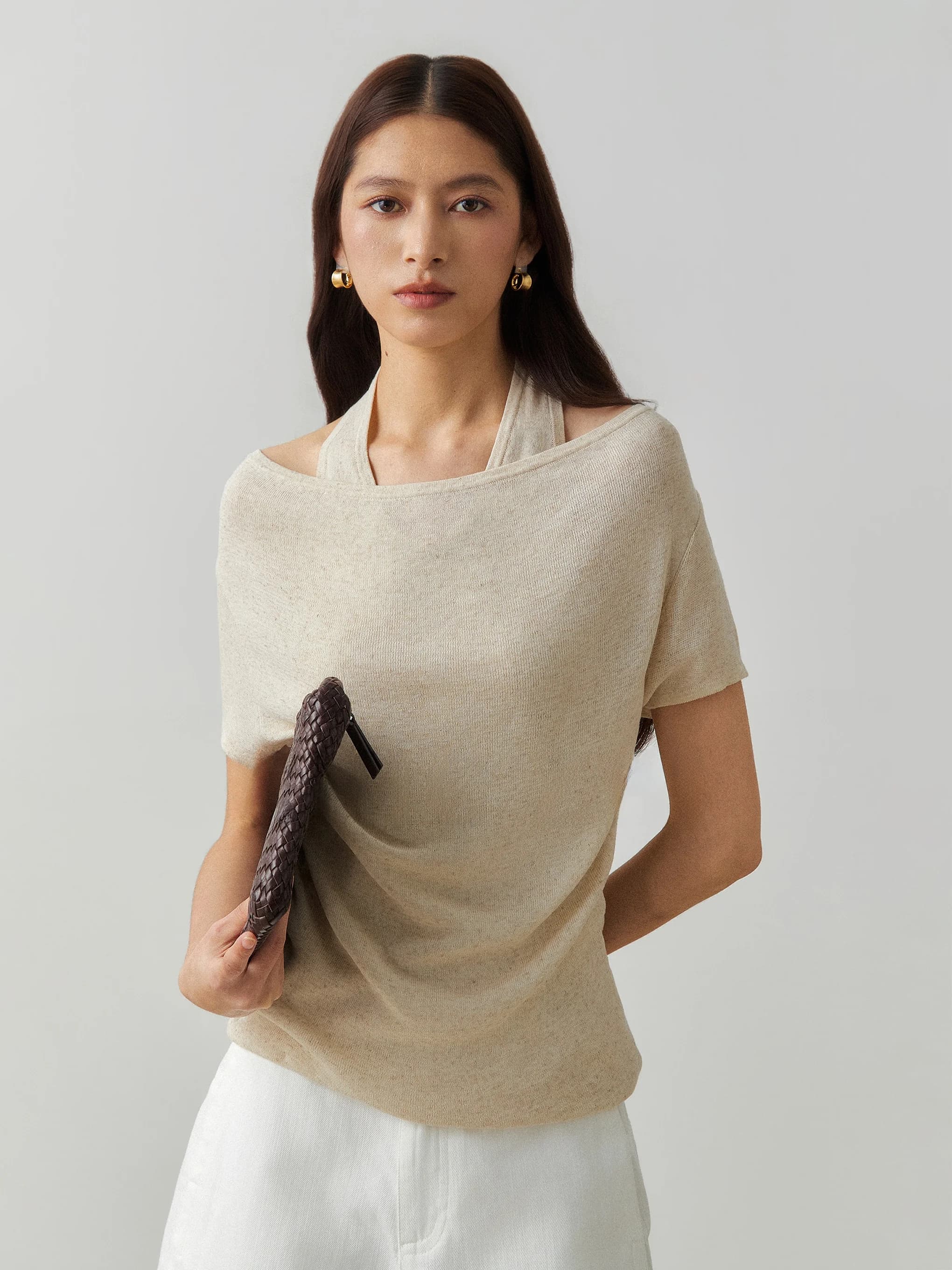 CHICZHI Linen Short Sleeve T-Shirt Women's One-Shoulder Knitted Top Breathable Cool Design Casual Summer Fashion