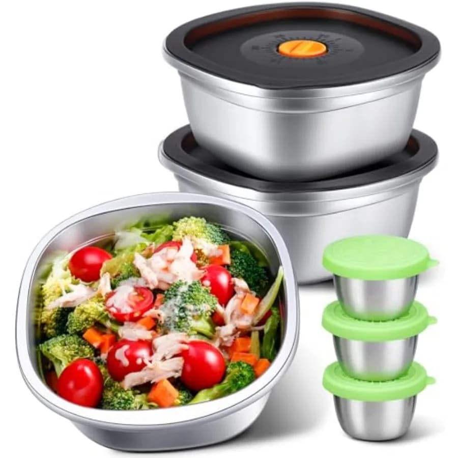 Set di 3 Ciotole per Insalata in Acciaio Inox con Coperchi e Contenitori per Condimenti - Contenitori Ermetici da 1,5 Litri per Preparazione Pasti e Pranzo da Asporto