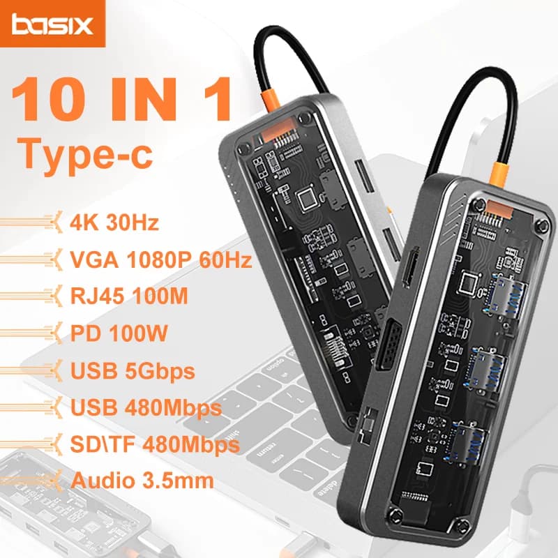 USB Hub C Basix Docking station 10 in 1 from type C to PD HD-MI USB3.0 * 3 SD TF ethernet RJ45 1000M VGA AUDIO3.5mm for MacBook M1 M2