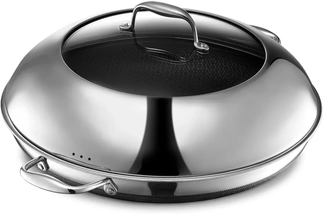 Una padella ibrida antiaderente con coperchio in vetro temperato, lavabile in lavastoviglie e forno, pronta a induzione, 14"