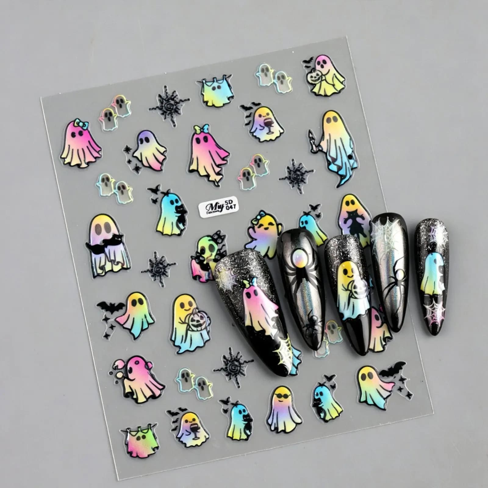 Nail Stickers Iridescent 3D Embossed Nail Art Decals Waterproof for Halloween Party Spooky Ghost Spider Web Resin Wraps