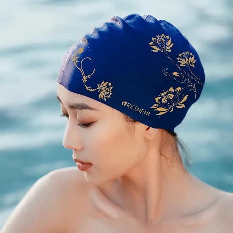 Women's Swim Head Silicone Swim Head Waterproof Floral Print Large Long Hair Ear Protection Pool Accessories