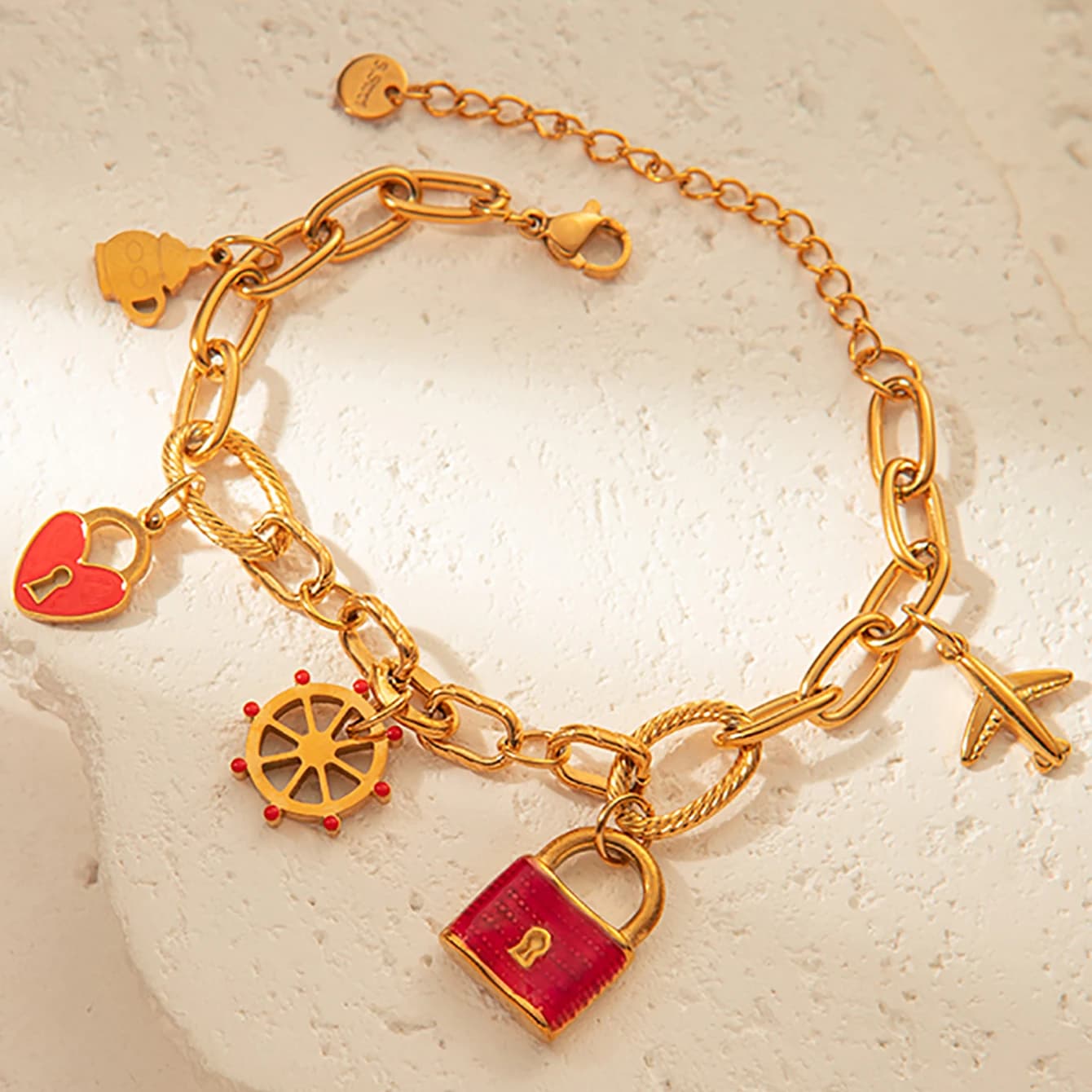 Bracciale da appendere con timone per aereo con serratura d'amore in acciaio inossidabile placcato oro 18 carati carino e alla moda per le donne, gioielli regalo perfetti