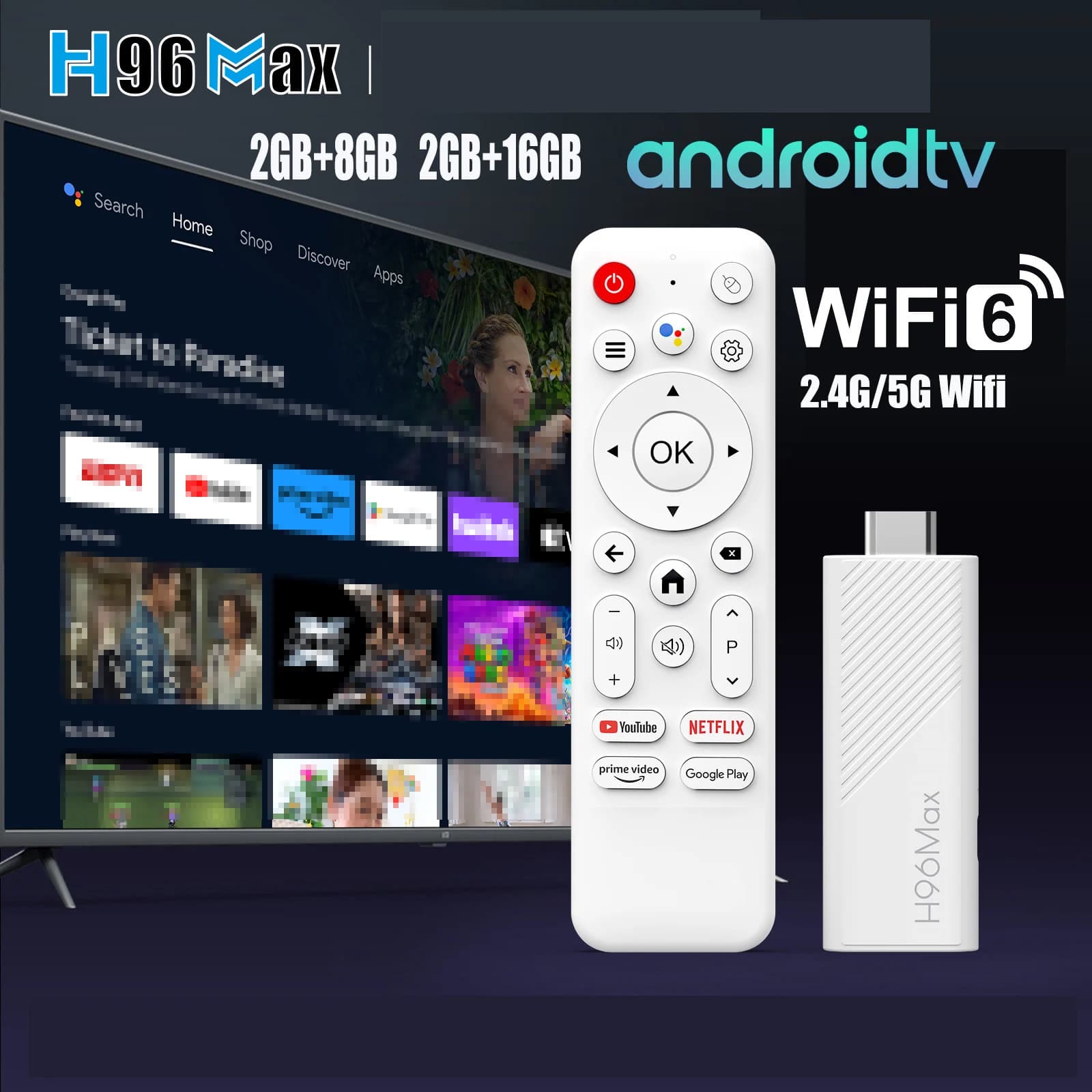 H96 MAX Android TV Stick Allwinner H313 with Wifi 2.4G 5G Wifi6 Double brand 8GB 16GB 4K 3D HDR Goole Voice remote control DC 5V 2A