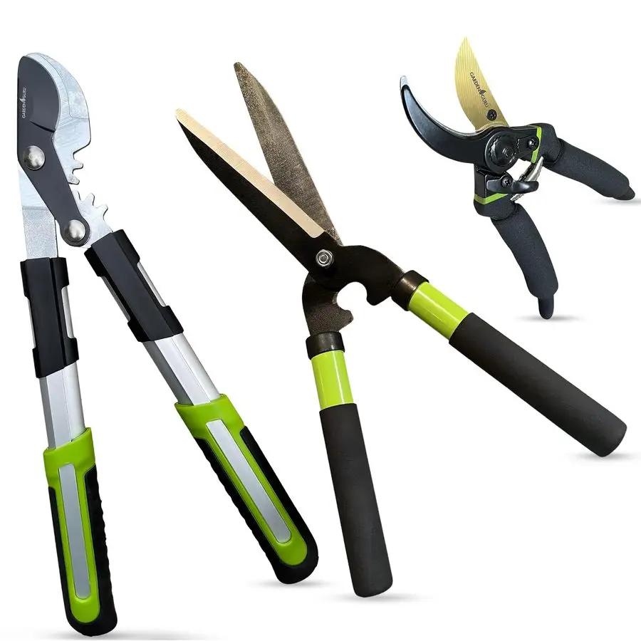 GURU Hedge Shears Bypass Loppers pruning scissors, set of 3 pieces, comfortable and resistant grips, sharp blades for easy and precise cuts.
