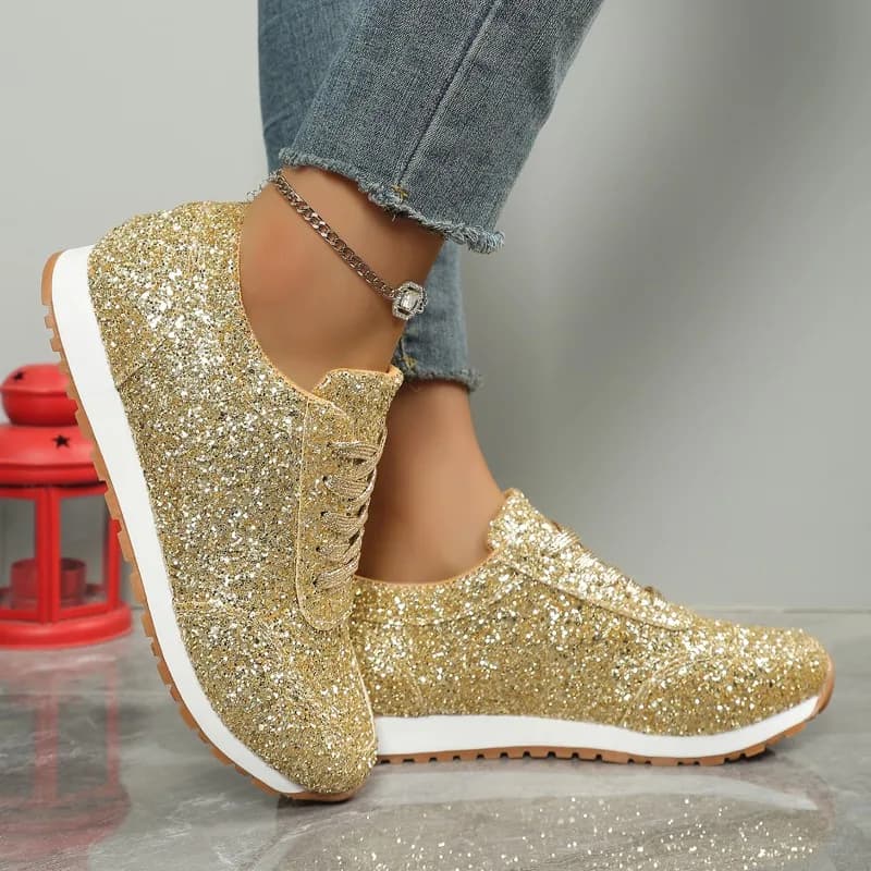 Scarpe casual da donna Sneakers con glitter dorati Scarpe basse con lacci Scarpe da passeggio femminili Comode scarpe sportive alla moda Zapatos De Mujer