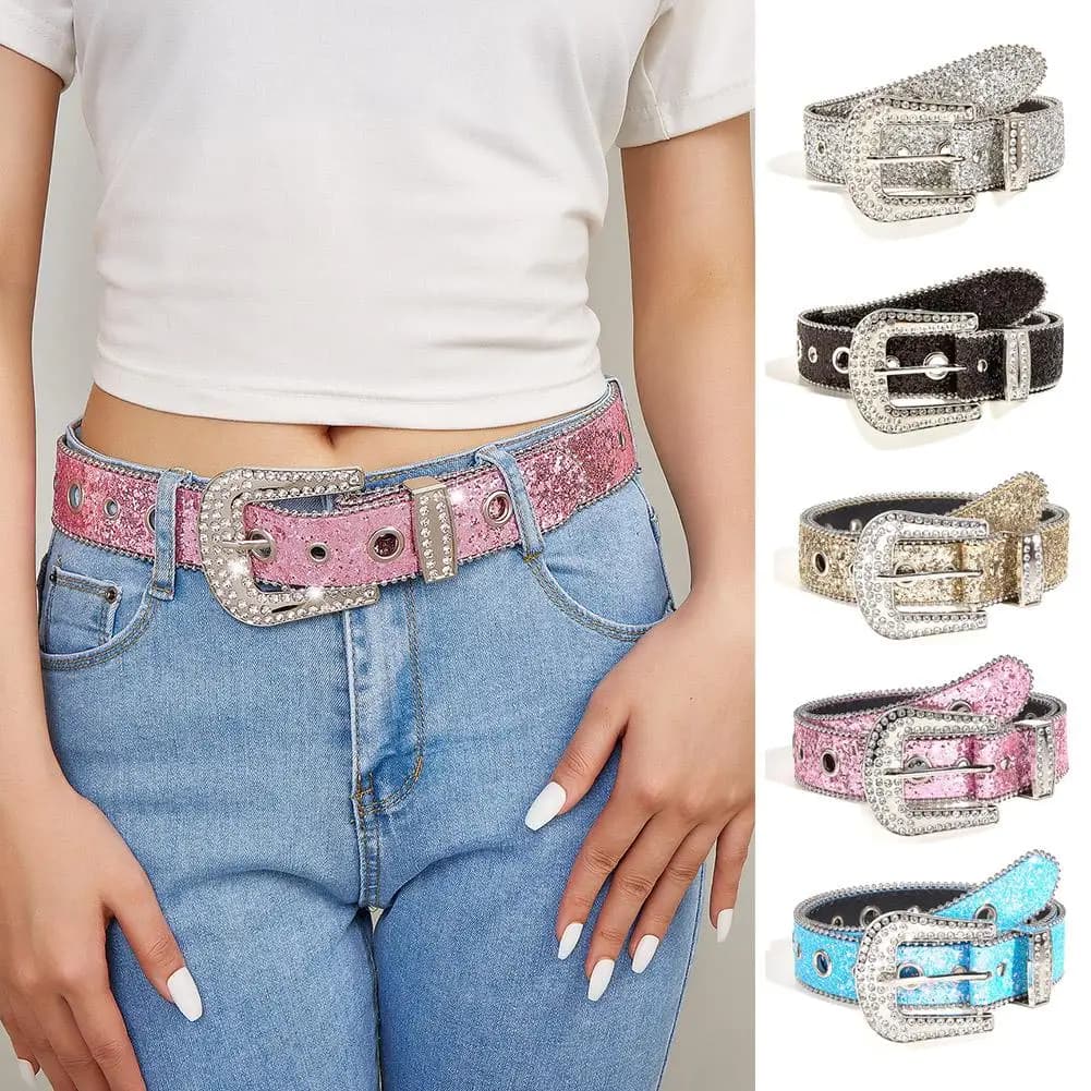 Cintura lucida con strass completi per donne e ragazze, cintura da cowgirl vintage con cinture da cowboy occidentali con diamanti e paillettes scintillanti per gonna jeans