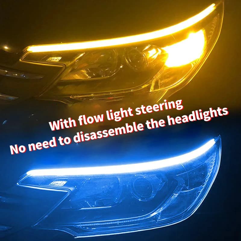 2 Pieces DRL LED Daylights for Auto, Waterproof Flexible Strip, White Auto Headlights, Yellow Direction Indicators, 12V Flow Brake Lights