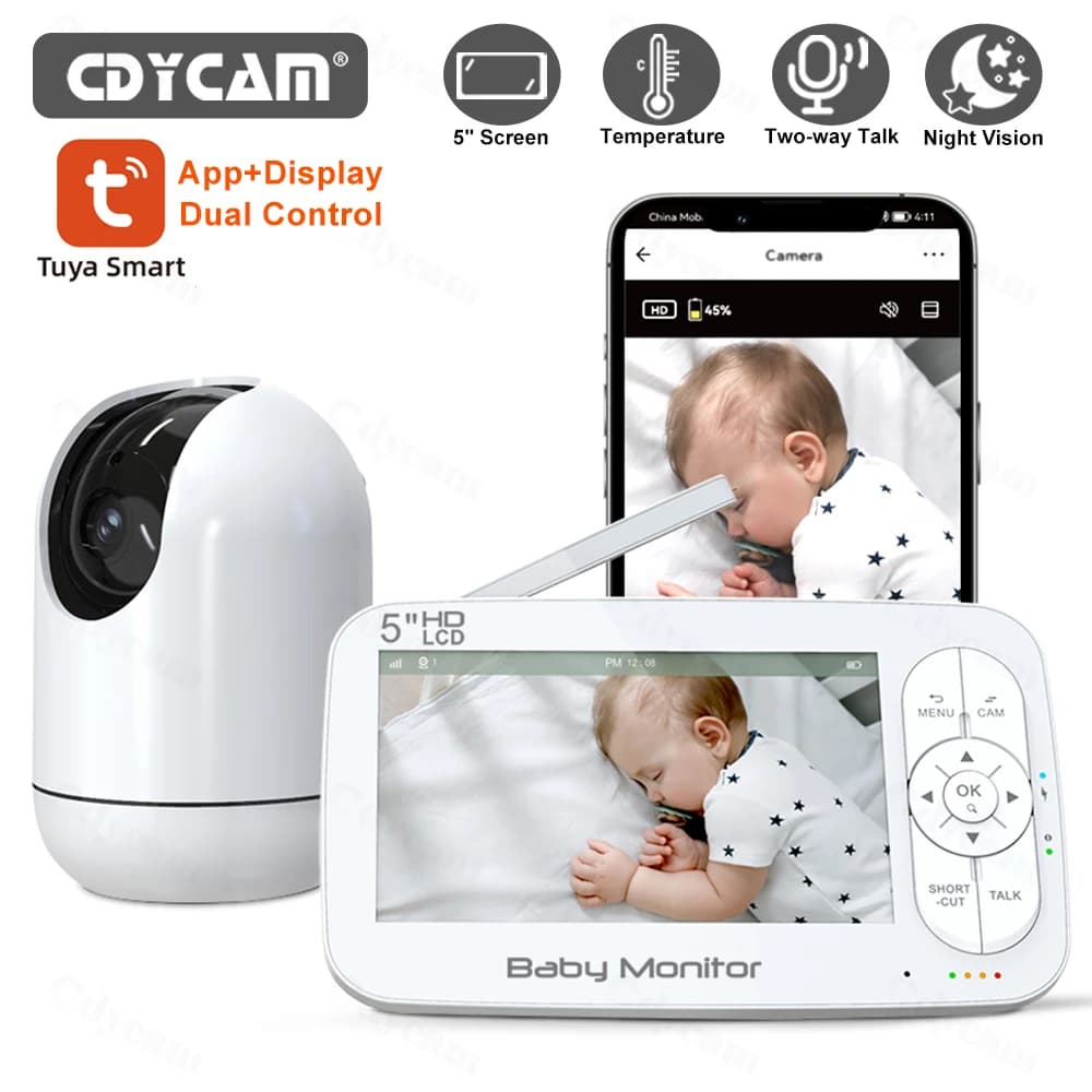 Smart WiFi 5 "Monitor per bambini Tuya APP Controllo vista Audio Video Telecamera HD Promemoria alimentazione Rilevamento suono movimento temperatura Nany