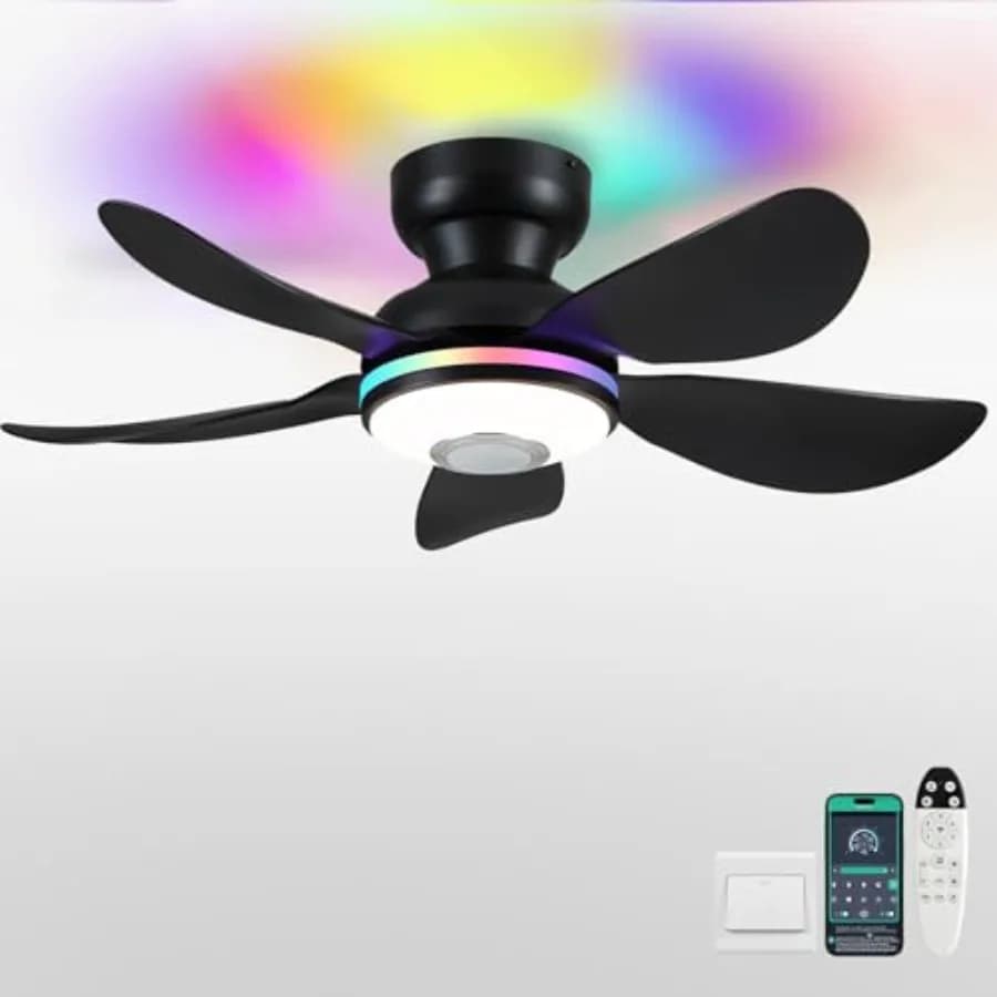 Ventilatori da soffitto con luci RGB, controllo remoto/APP, piccolo ventilatore da soffitto con 3 luci CCT dimmerabili + luci ad anello + lettore musicale, 5 pale reversibili
